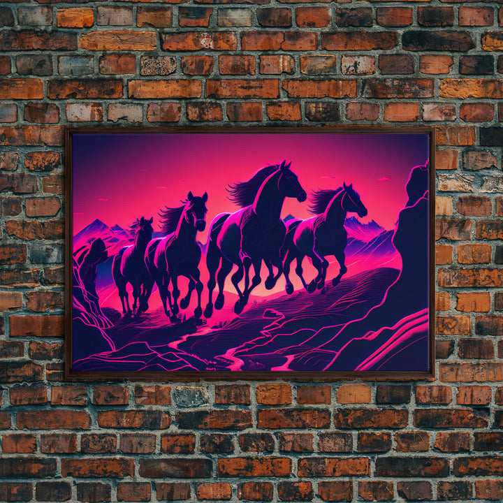 Pack of Wild Horses, American Western decor, framed canvas print, synthwave animal art