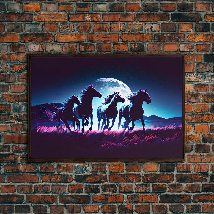 Wild horses running in the moonlight, vaporwave art, framed canvas print