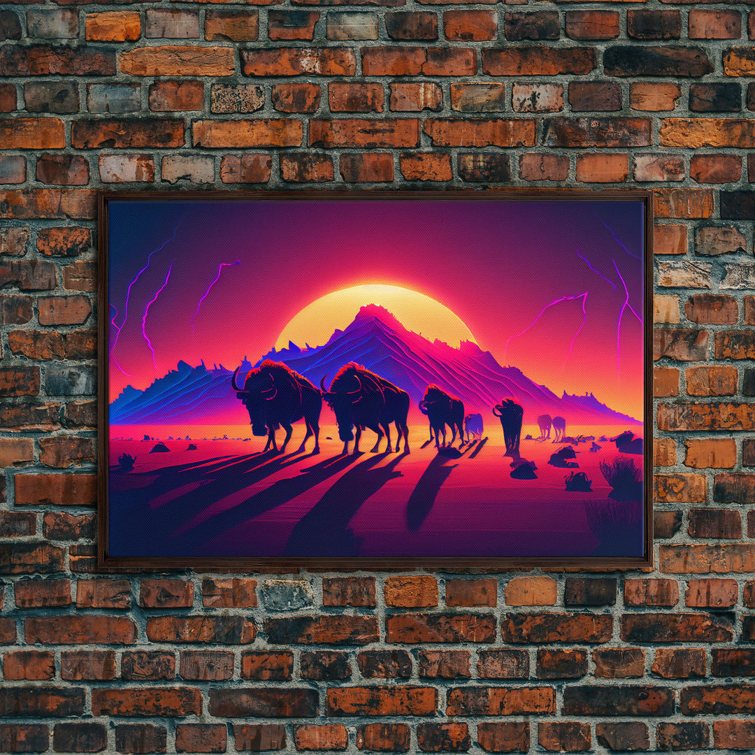 Synthwave American Buffalo, Retrowave art, herd of Bison and a setting sun, framed canvas print