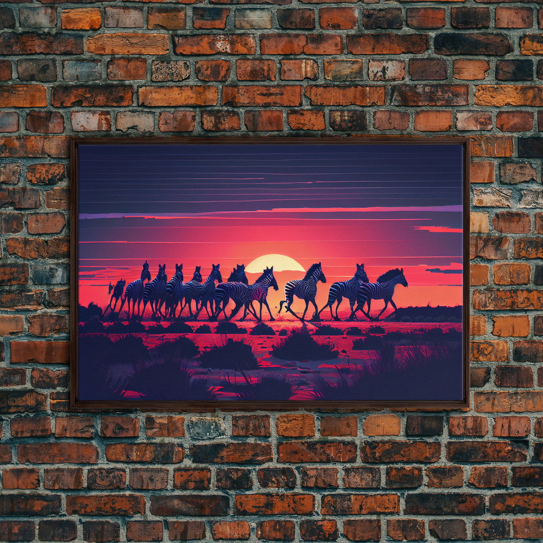 Herd of wild zebra against a beautiful African sunset, framed canvas print