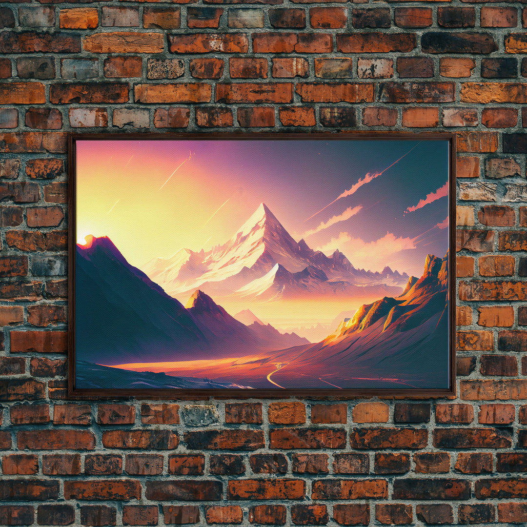 Watercolor mountain at sunset, pastel, subdued colors, framed canvas print