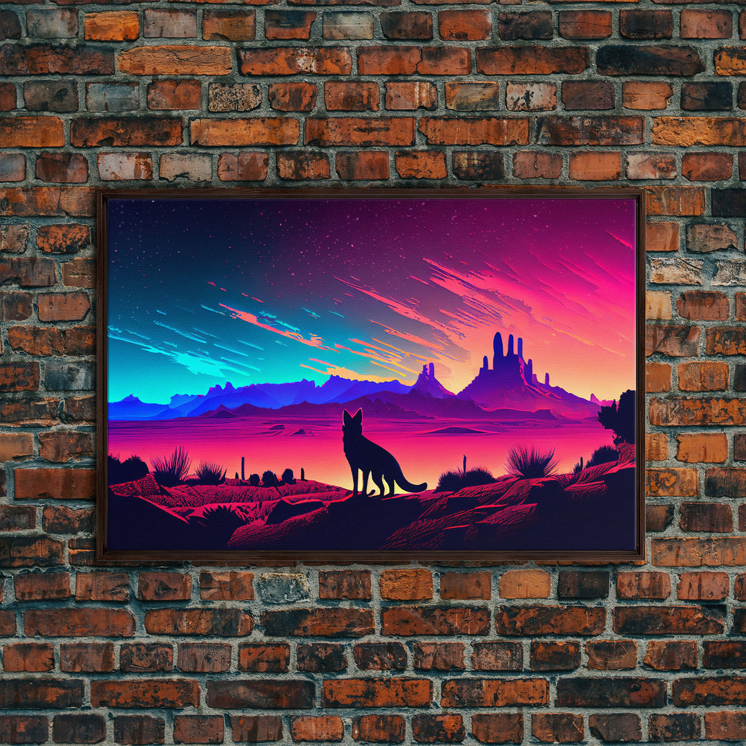 Cute fox in an Arizona desert landscape, framed canvas print, framed wall art, synthwave art