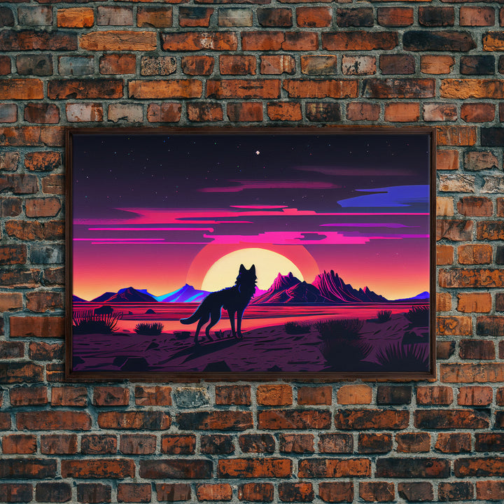 Cute fox in a Utah desert landscape, framed canvas print, framed wall art, synthwave art