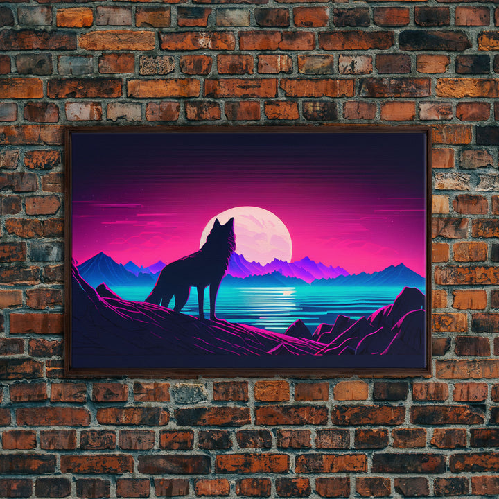 Wolf Silhouette Full Moon Purple Sky Ocean Sea Landscape Wall Art Print, Fine Art Print, Wall Decor, Wall Poster