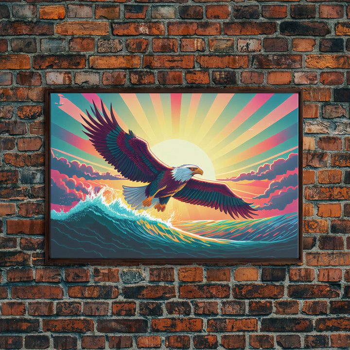 Retrowave bald eagle, pastel sunset, framed canvas print