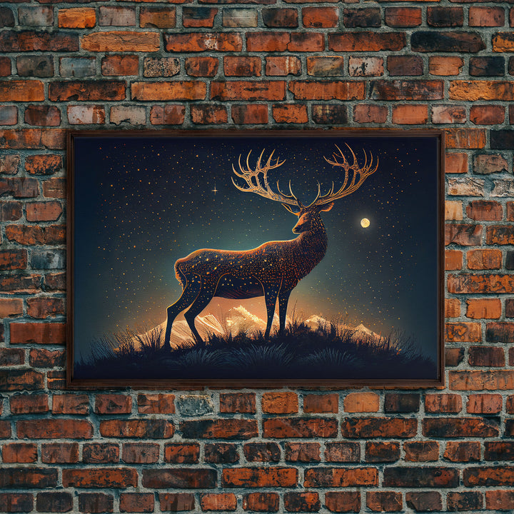 Deer made of stars, reflection stag, framed canvas print, unique wall art