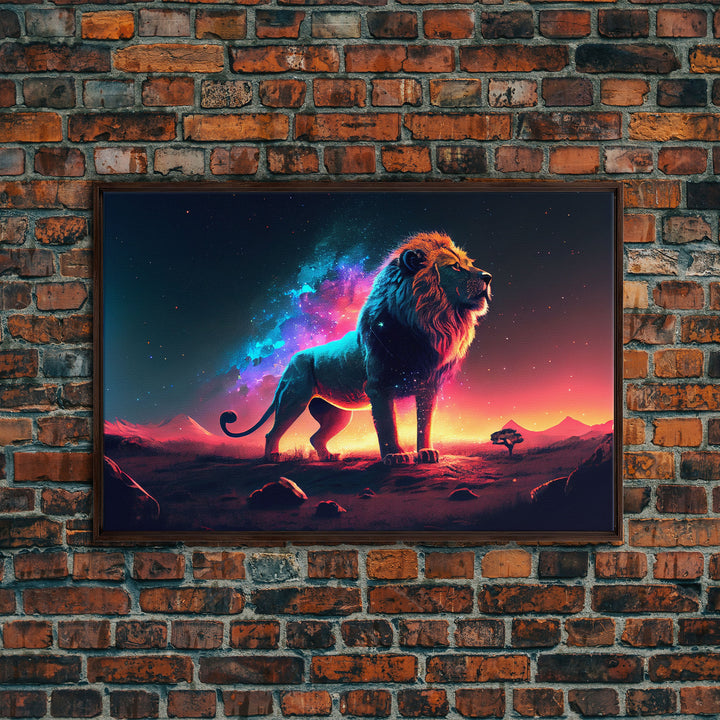 Cosmic roar watercolor, Lion staring at the stars over Africa, framed canvas print, unique vibrant wall art