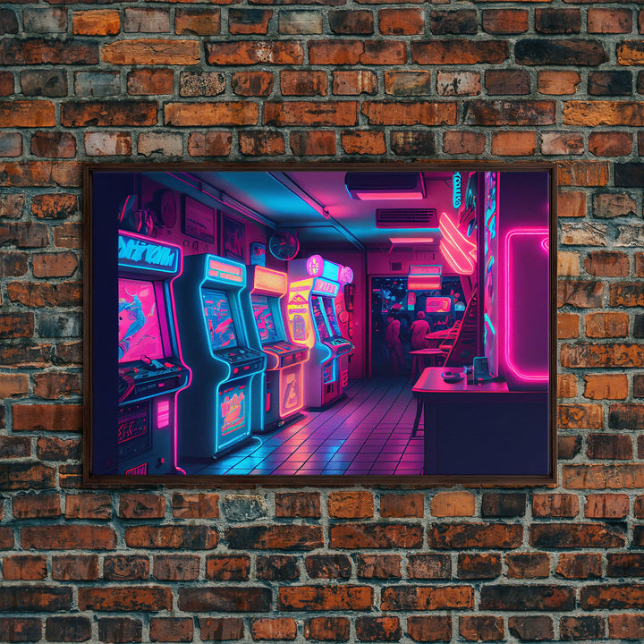 Neon Arcade, unique game room art, Retrowave arcade machine art, framed canvas print, framed wall art | Wall Art