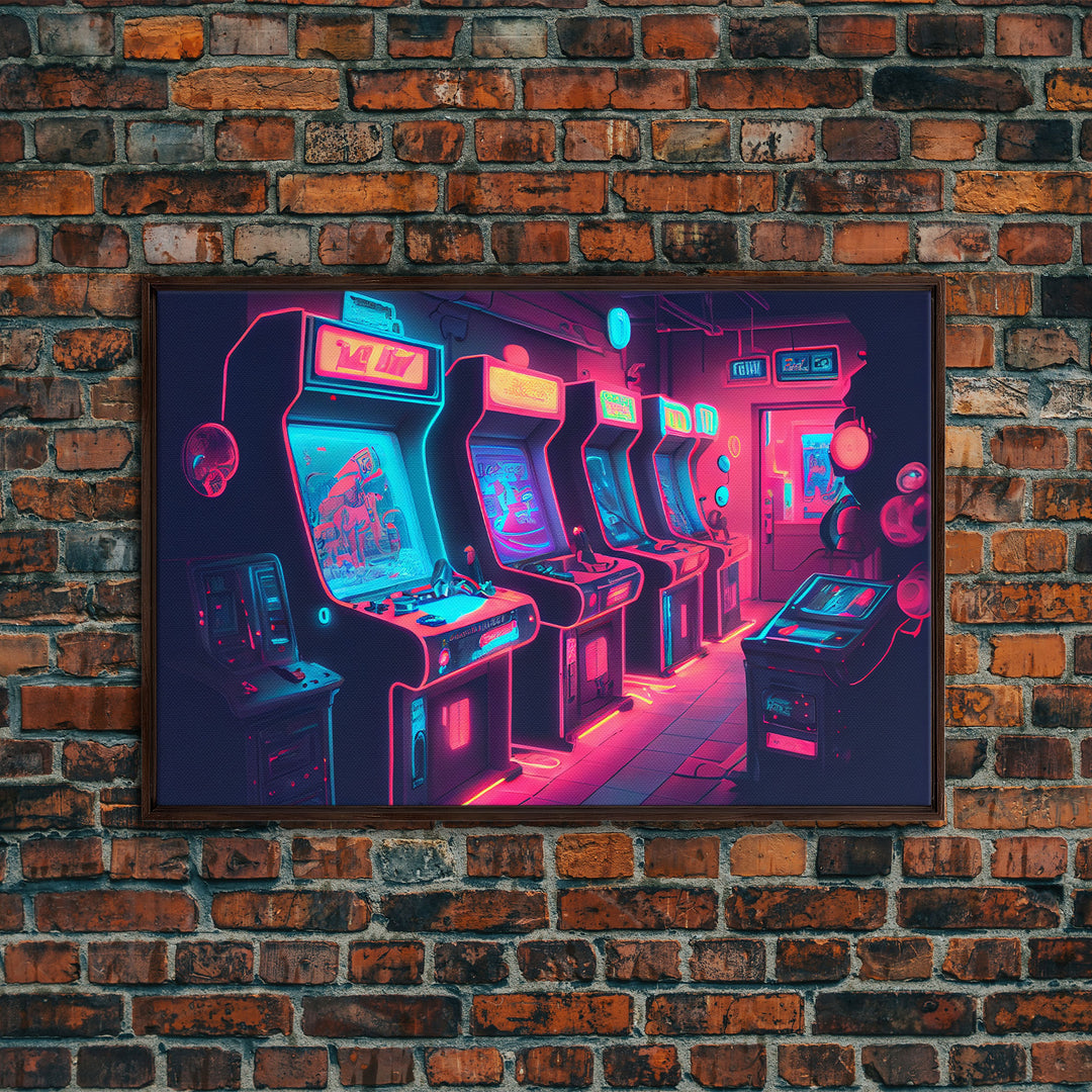 Synthwave Game Room Art, Neon retro 90s arcade room wall art, framed canvas print