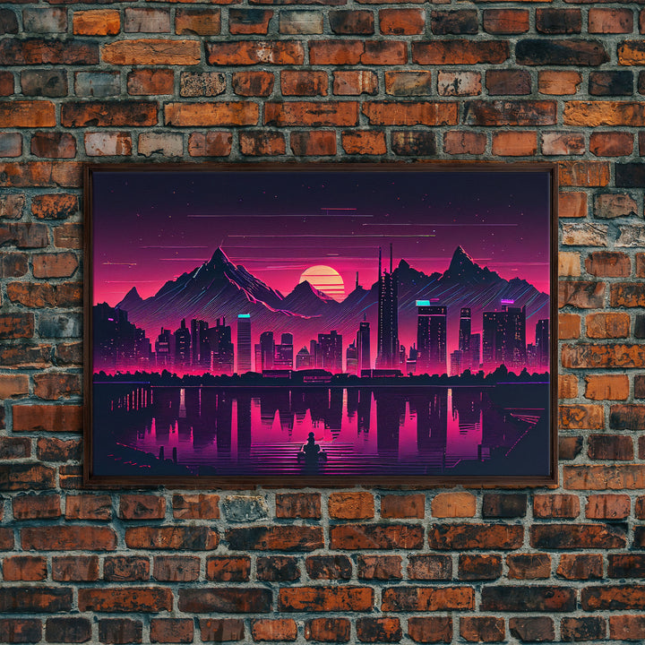 Cyberpunk Vancouver, Futuristic city skyline art, framed canvas print