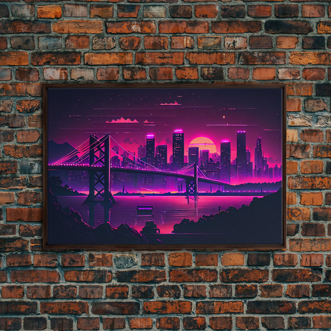 Cyberpunk San Francisco, Futuristic city skyline art, framed canvas print,  Synthwave / vaporwave cityscape decor