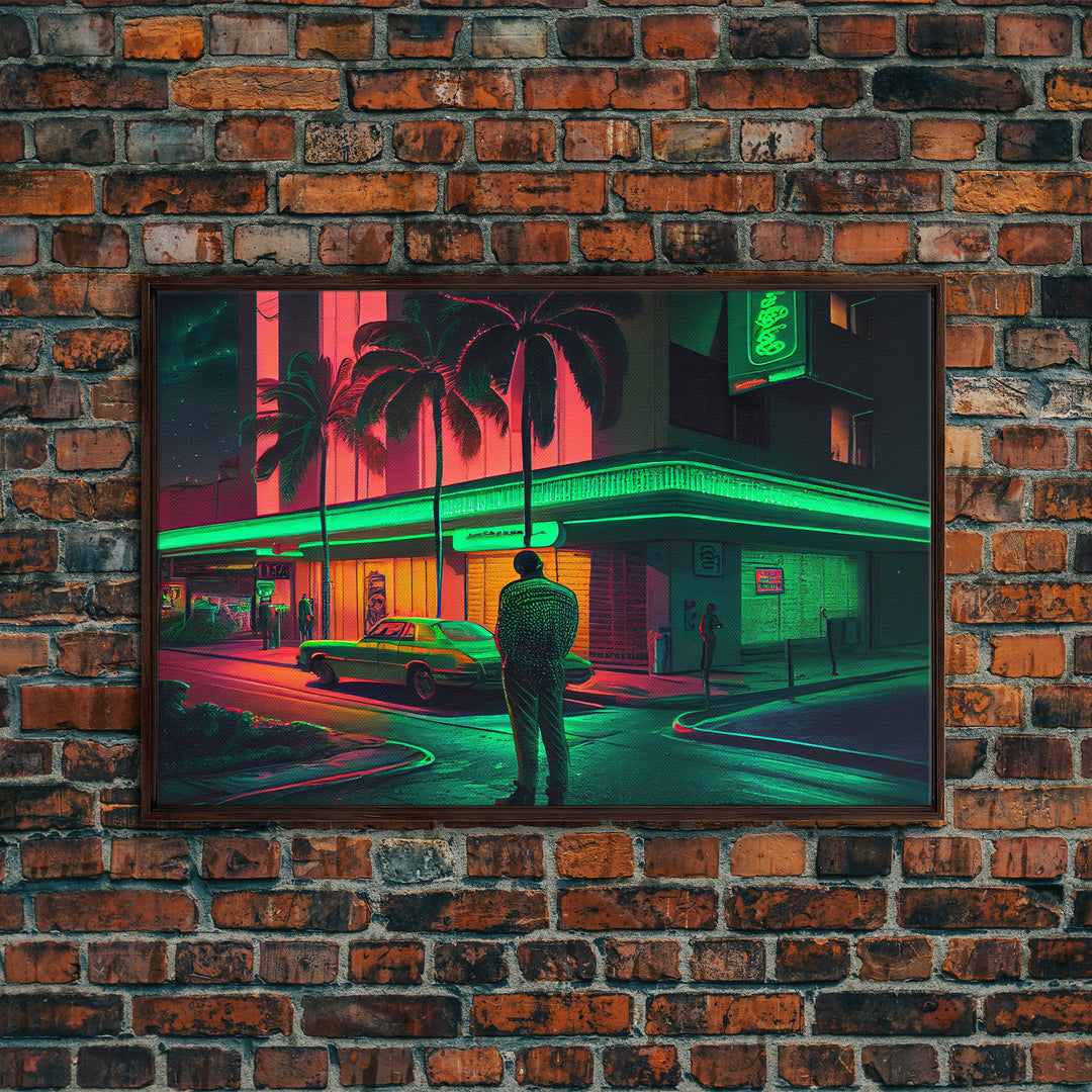 Miami Vice Retro Neon Lights Street Classic Car Wall Art Print, Wall Poster, Fine Art Print, Wall Decor