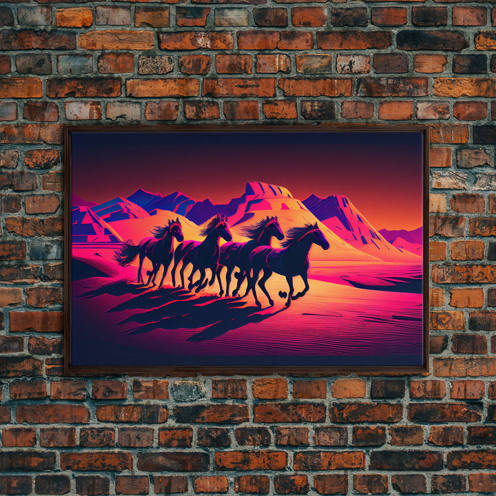 Wild Arabian Horses - Vibrant synthwave nature art, framed canvas print