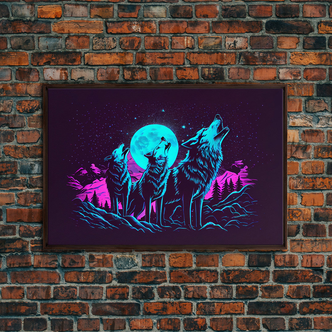 Howl at the moon - turquoise wolf pack howling at the moon, framed canvas print, vaporwave art