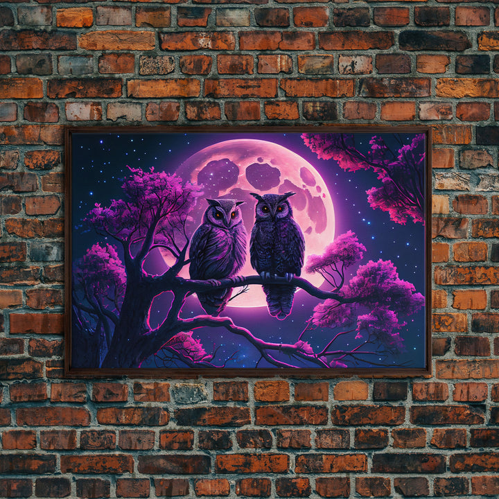 Owls at midnight, full moon and starry night sky, framed canvas print