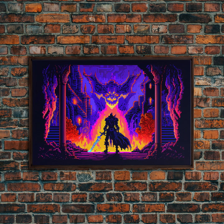 8 bit Pixel art, RPG video game concept art, Paladin faces the Dragon, synthwave style, framed canvas print