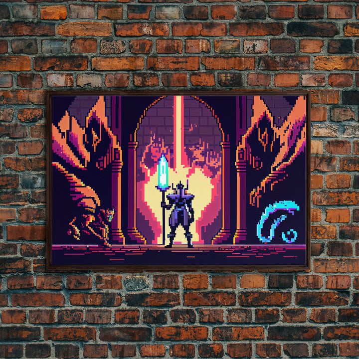 RPG pixel art, fantasy pixel art, Paladin Templar Art, synthwave style, framed canvas print, man cave art