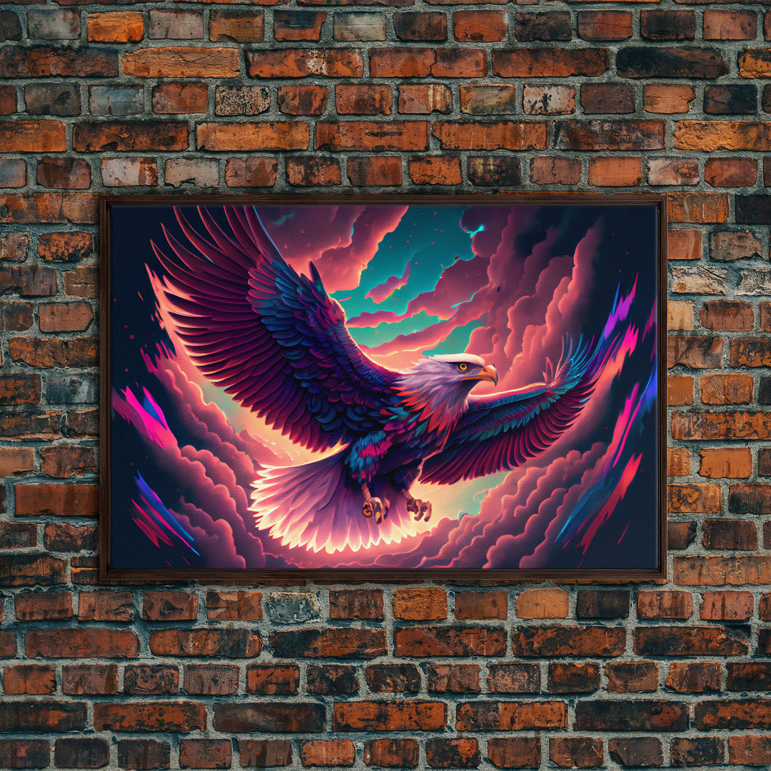 Birds of Prey art, bioluminescent Bald eagle, vaporwave art animal print, framed canvas print, framed canvas print, wall art with frame