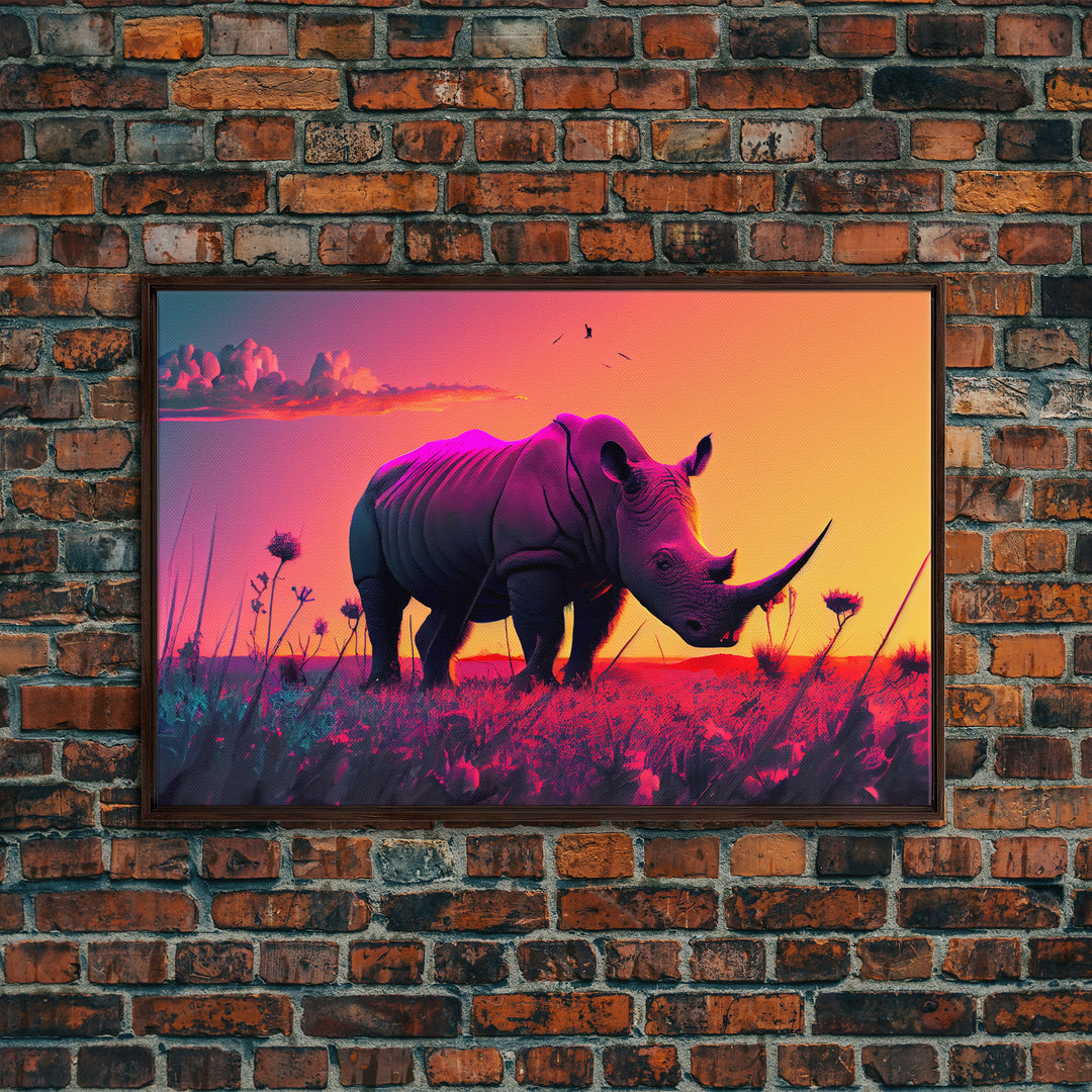 Rhino art, Pastel Rhinoceros at sunset, synthwave aniimal art, framed canvas art