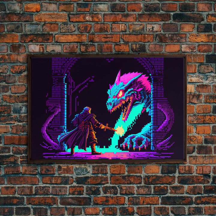 Wizard VS Hydra, RPG pixel art, vaporwave aesthetic video game pixel art, framed canvas print