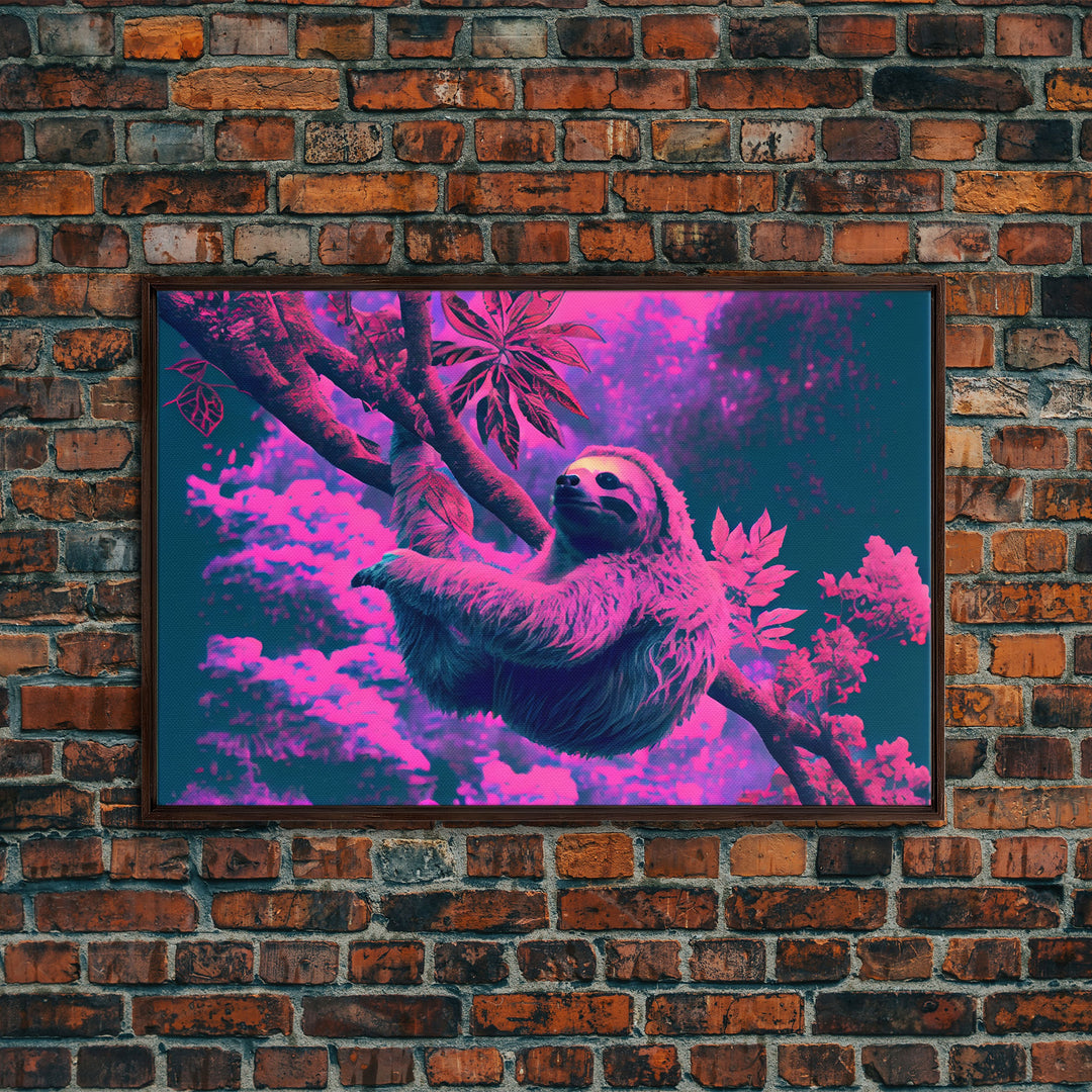 Sloth in a tree, synthwave retrowave animal print, framed canvas art