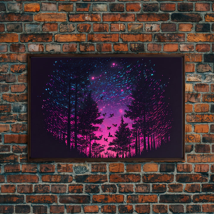 Synthwave Starry Night Time Lapse in a pine tree forest, framed canvas print, timelapse art