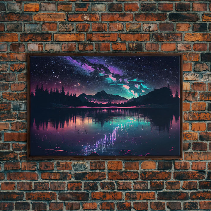 Vaporwave starry night over an Alaskan lake, Aurora borealis, framed canvas print, pastel nature art