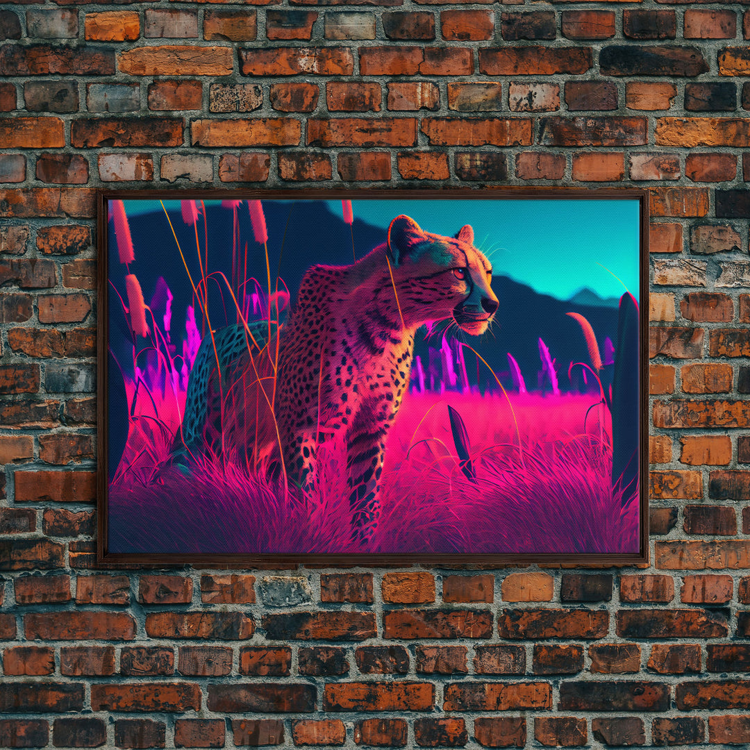 Cheetah on the hunt, vaporwave art, sunset hunter, framed canvas print, framed wall art