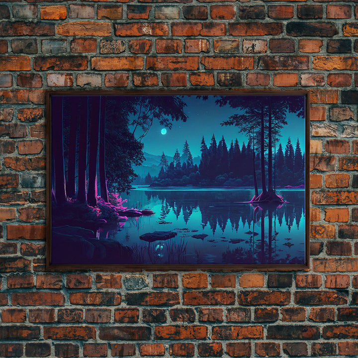 Vaporwave Full moon over the lake at midnight, framed canvas print, subdued art, watercolor painting print