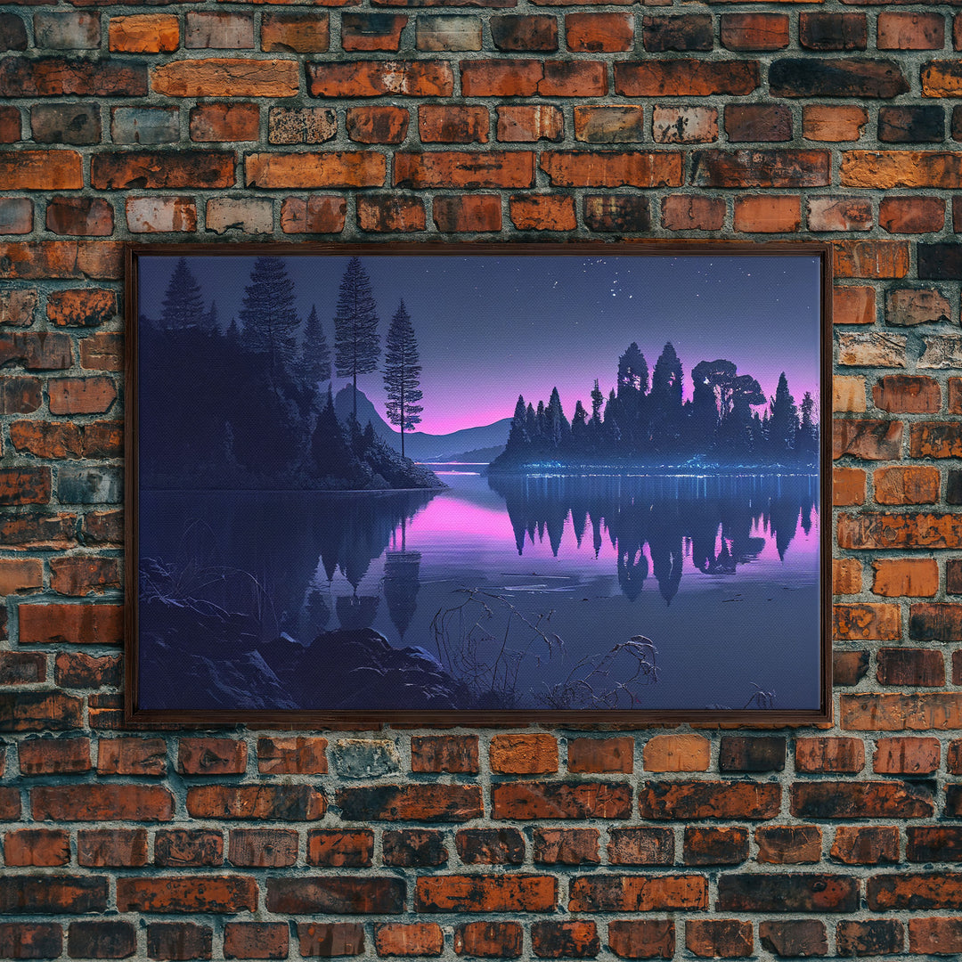 Reflections on the lake at midnight, framed canvas print, vaporwave aesthetic, purple sky