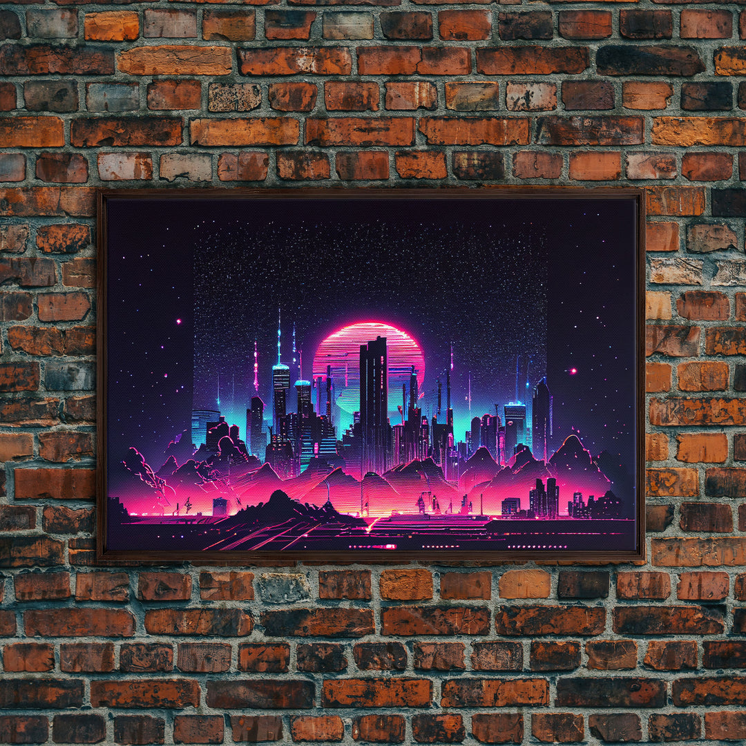 Cyberpunk city skyline superimposed over a sunset, synthwave style dystopian  art, framed canvas print