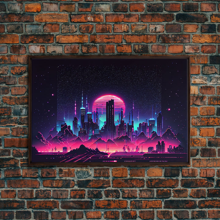 Vaporwave Cityscape Night Full Moon Purple Wall Poster, Fine Art Print, Wall Decor, Wall Art Print