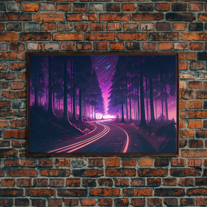 Northern Lights Purple Landscape Trees Road Swirling Stars Fine Art Print, Wall Decor, Wall Poster, Wall Art Print