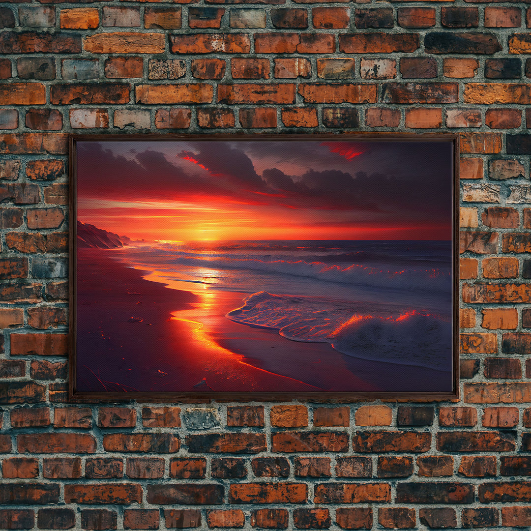 High tide slowly rolling in at sunset, beautiful beach art, framed canvas print