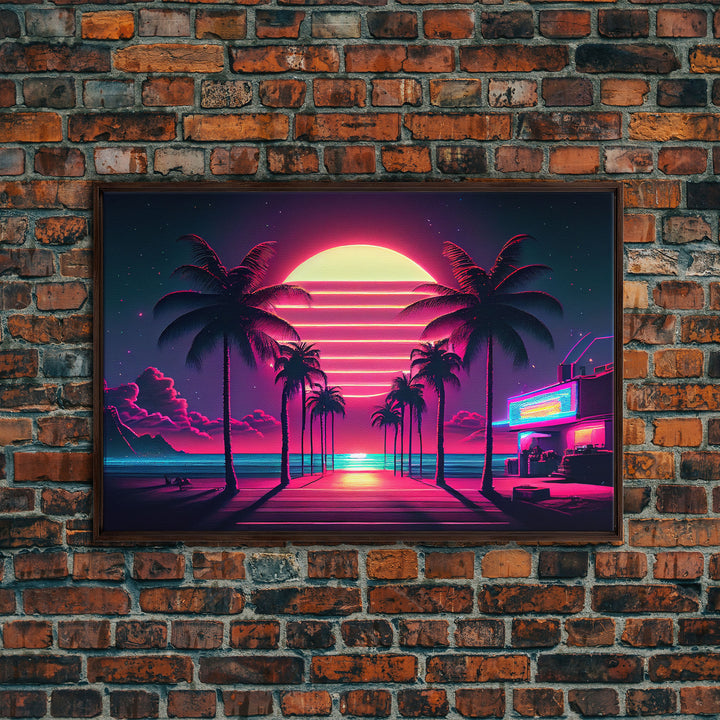 The Neon Boardwalk, Florida Synthwave Sunset, framed canvas print, retro style Miami vibes art