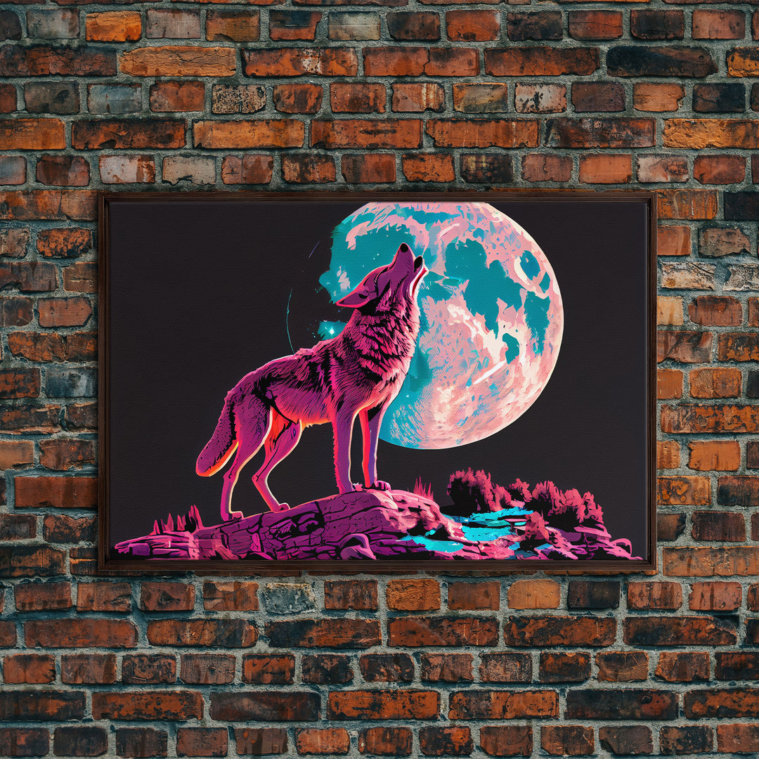 Howl at the moon, wolf art, framed canvas print, synthwave / vaporwave art