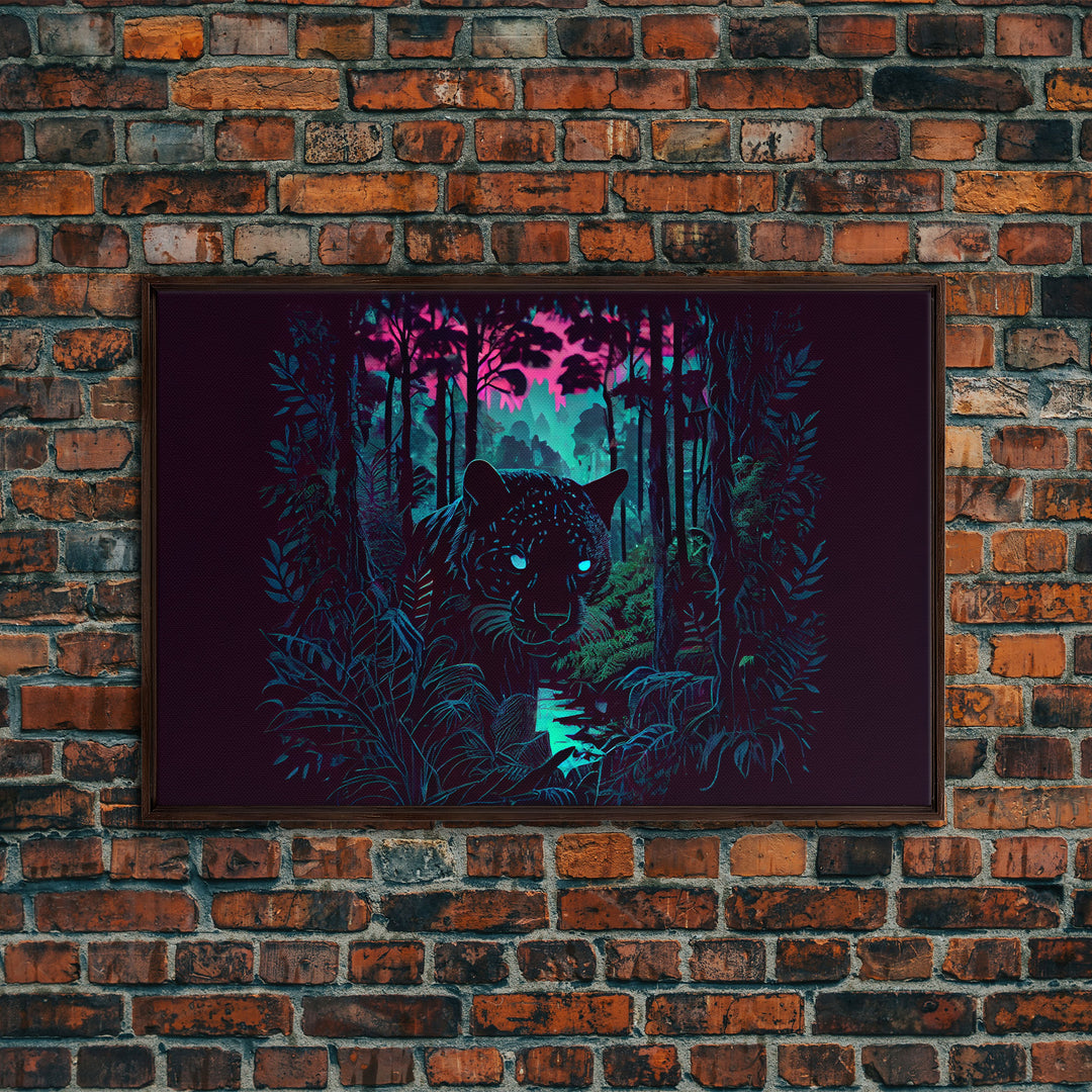 Panther in the jungle, framed canvas print, synthwave / vaporwave art