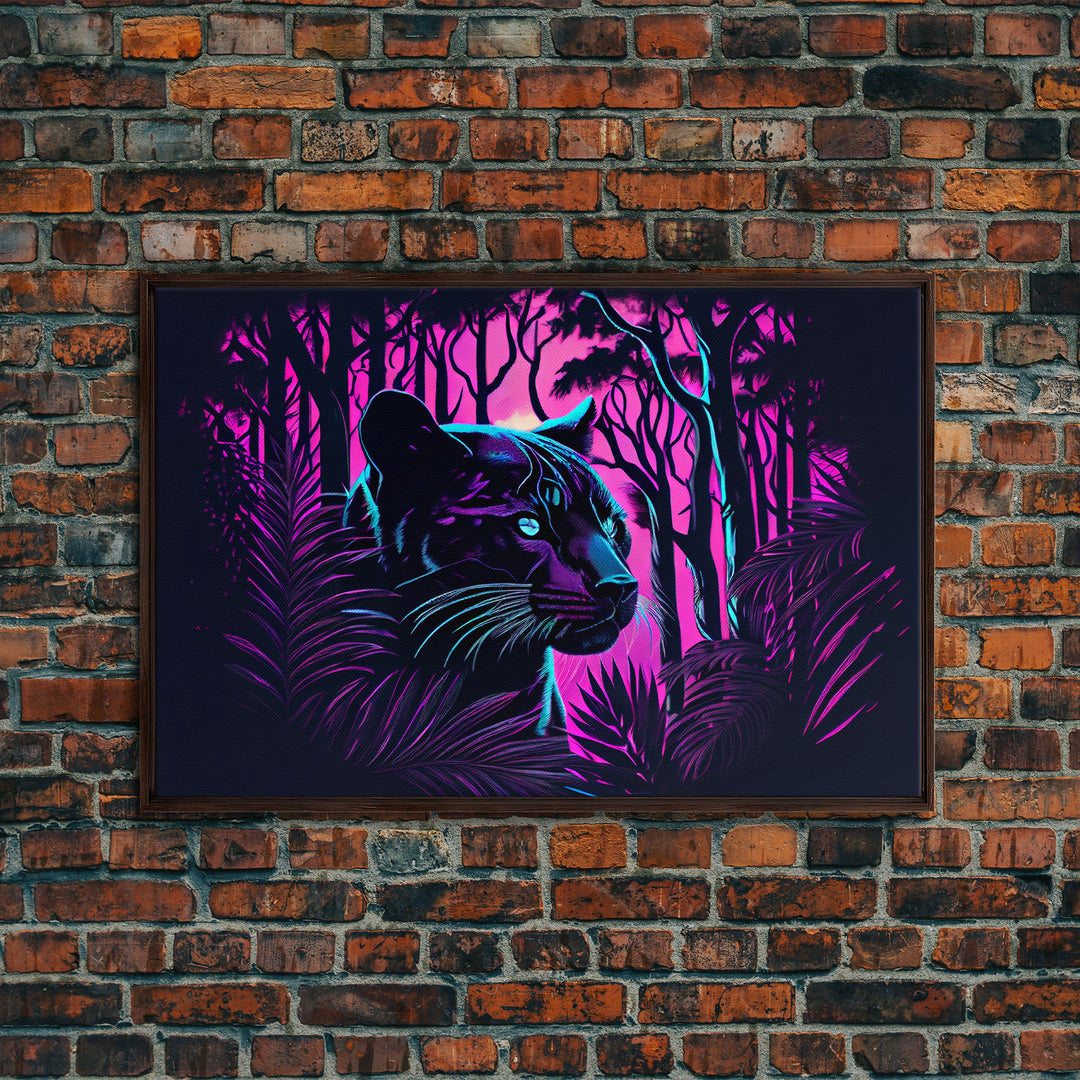 Vaporwave art,  framed canvas print, Jungle Panther synthwave portrait