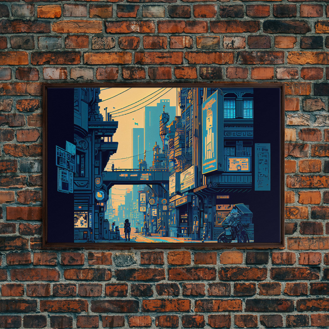 8 bit pixel art cyber punk city, video game concept art, framed canvas print, game room art