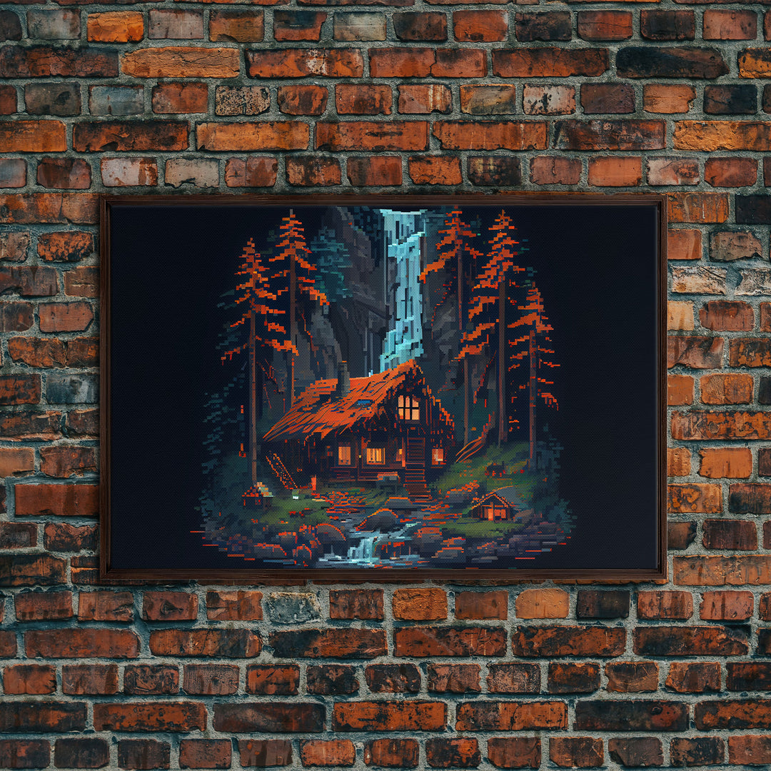 Secluded log cabin in the woods with a waterfall behind it, 8 bit pixel art, framed canvas print