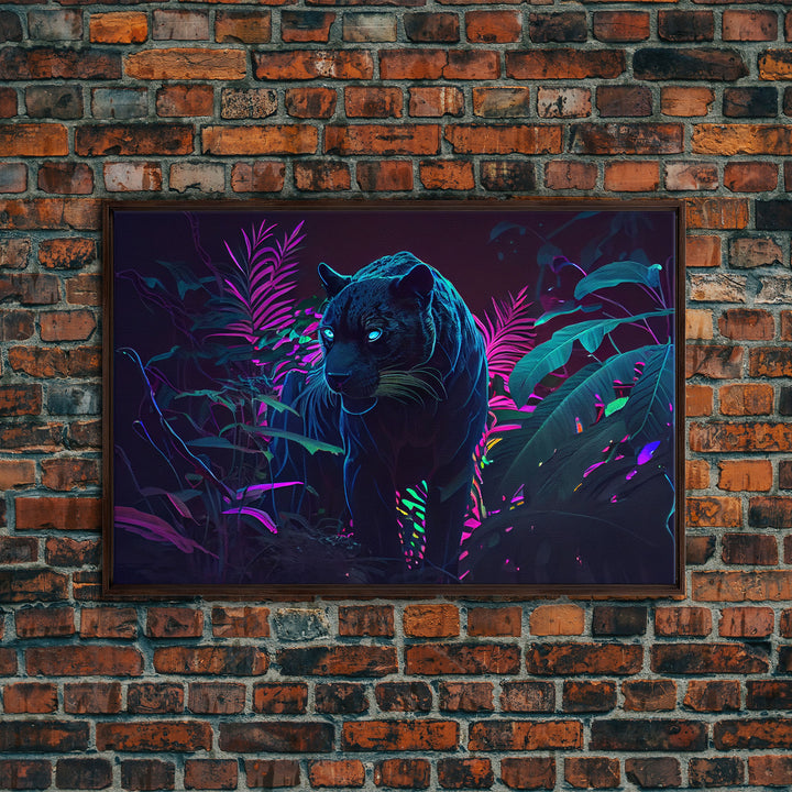 Black panther on the hunt in the jungle, glowing blue eyes, synth wave aesthetic art, framed canvas print