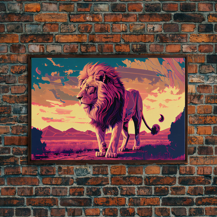 Retrowave watercolor painting of an African Lion, framed canvas print, unique large format wall art