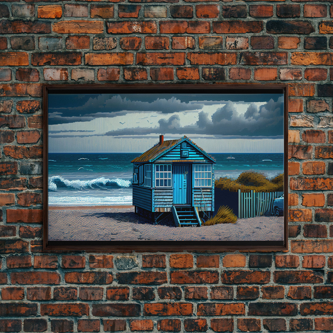 Sea side shack pixel art, New England style beach art, framed canvas print, beautiful lake house art