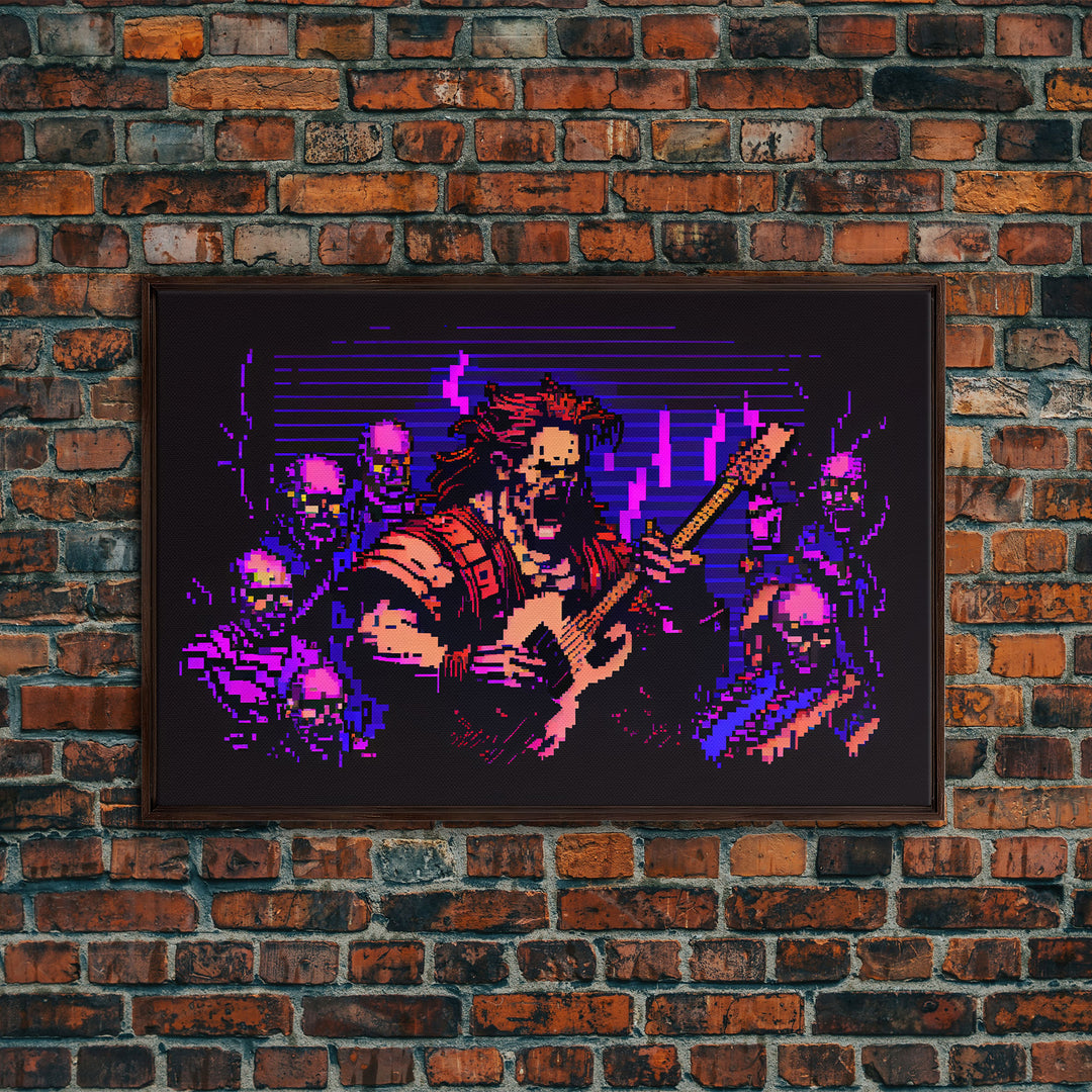 Human bard pixel art, vaporwave RPG concept art, framed canvas print, synthwave tabletop art