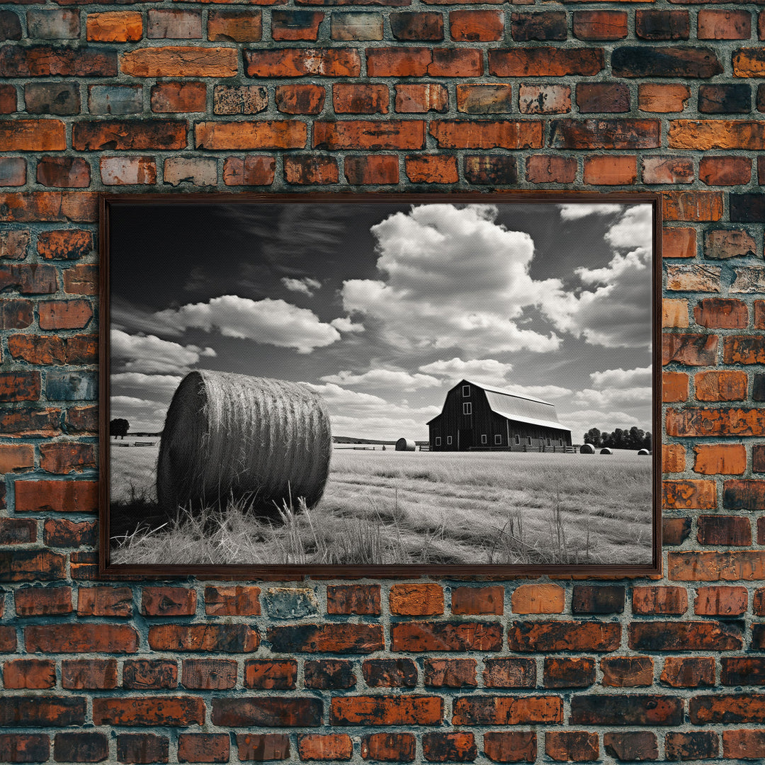 Black and White Photo Of a Barn and Hay Bail, Liminal Art, Country Decor, Farmhouse Style Art, Canvas Print