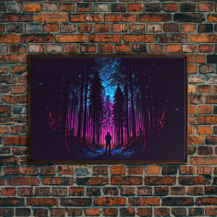 Contemplating the stars, vaporwave aesthetic, forest art, starry night, framed canvas print, outrun art