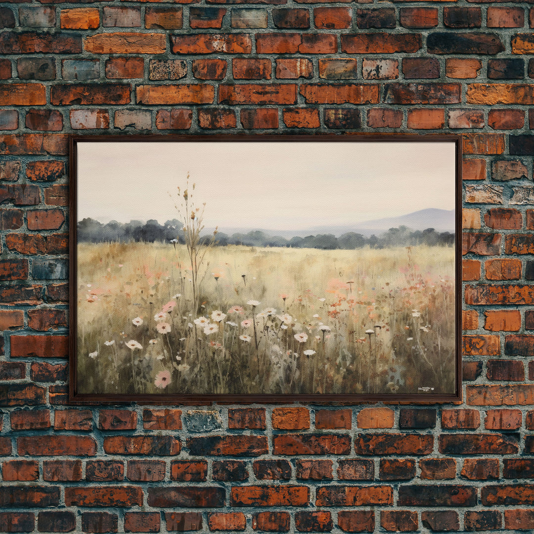 Wildflower Fields Landscape Oil Painting Print Large Wall Art Print, Framed Canvas Nature Wall Decor, Rustic Living Room Country Landscape