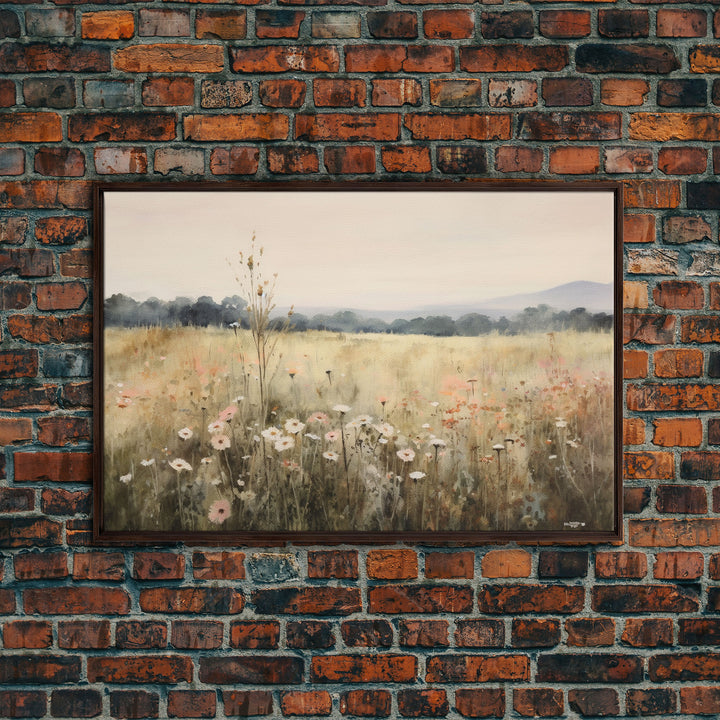 Wildflower Fields Landscape Oil Painting Print Large Wall Art Print, Framed Canvas Nature Wall Decor, Rustic Living Room Country Landscape