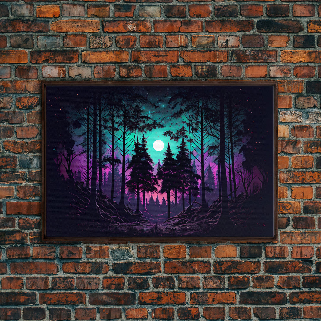 Fantasy forest art, full moon visible through the trees, framed canvas print, framed wall art