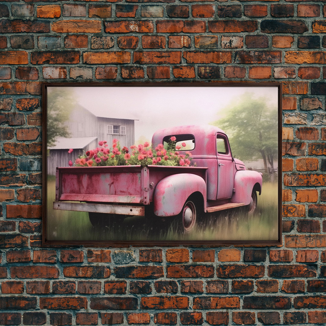 Old Pink Truck Used As a Flower Bed, Framed Canvas Print Or Poster, Rustic Farmhouse Decor, Primitive Art, Country Home Art